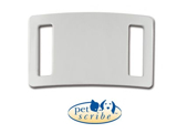 Medalion PetScribe din inox cromat, curbat pentru zgarzi si curele textile cu latimea maxima de 1 cm, dimensiune 5.9 cm latime si 3.2 cm inaltime  - 54 RON